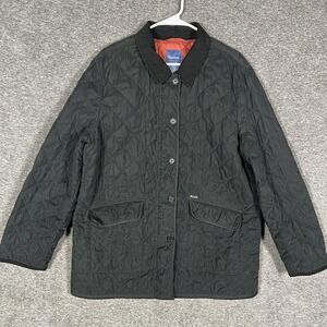 Faconnable Jacket Womens XL Black Quilted Barn Coat Corduroy Collar Button Front